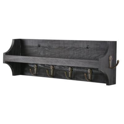 Wall Mounted Wood Coat Rack Shelf with Hooks Black Color for Key Mail Holder