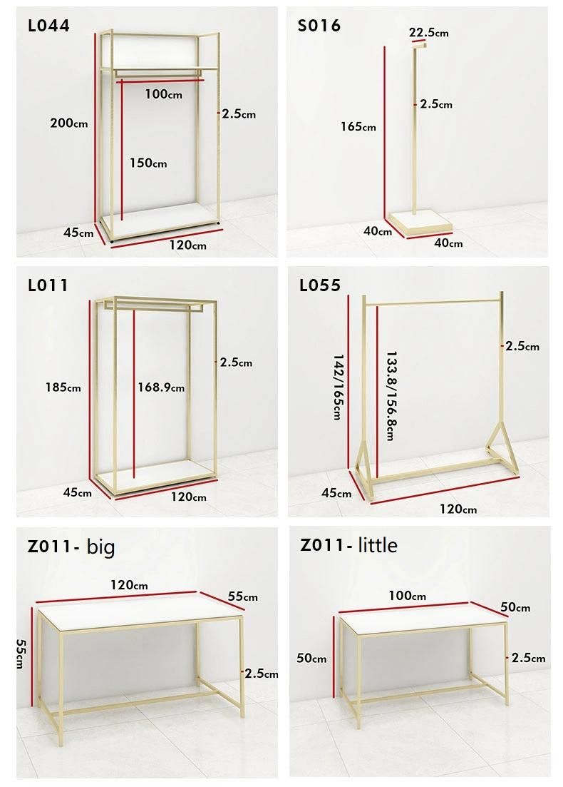 Custom Boutique Gold Clothing Wall Mounted Rack Nesting Table Clothes Shelving Garment Display