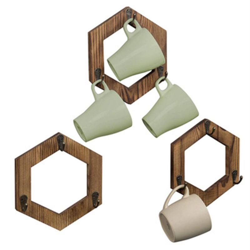 Rustic Brown Torched Wood Geometric Hexagon Wall Mounted Coffee Mug Cups Holder Storage Hanging Rack
