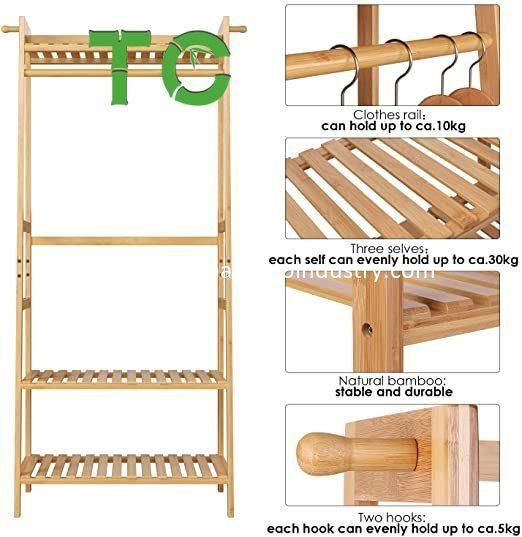 Wholesale Bamboo Clothes Rack Coat Stand, Large Garment Rack with Top Shelf and 2-Tier Shoe Clothing Storage Organizer Shelves