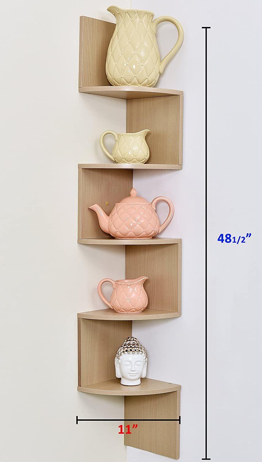 5 Tier Wall Mount Corner Shelves Natural Finish