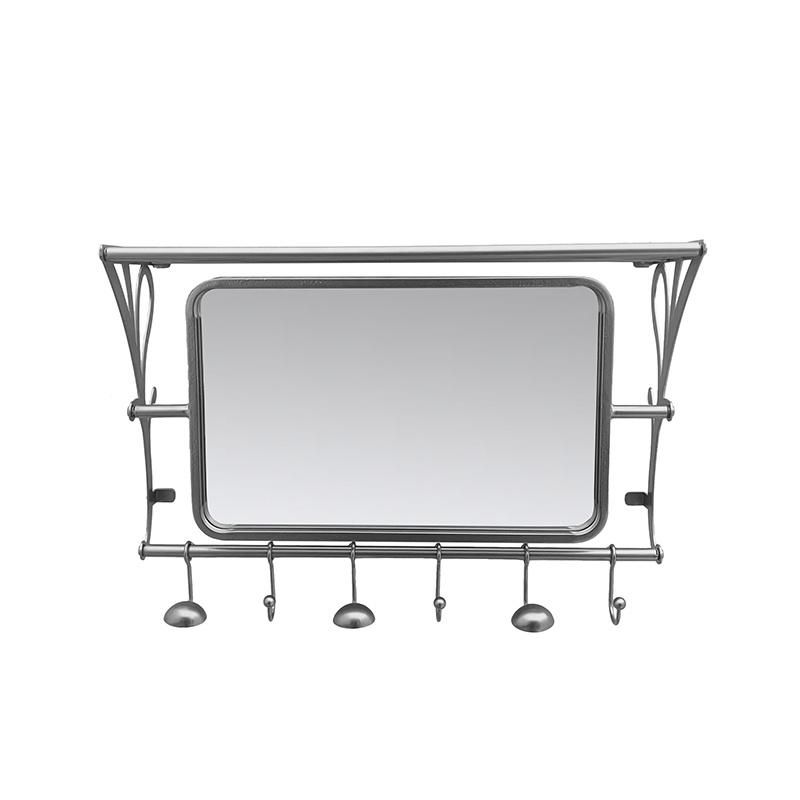 Large Rectangle Silver Metal Framed Wall Mirror with Shelf and Towel Rack for Bathroom Decor