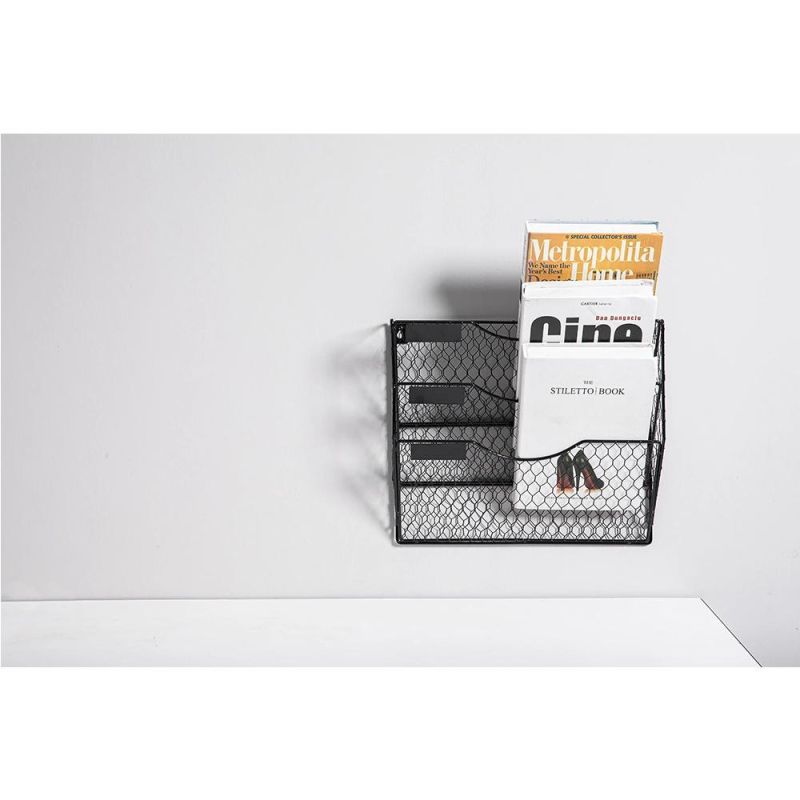 Hanging Wall File Holder Mail Organizer Mesh Chicken Wire Document Rack with 5 Hooks, 5-Tier, Black