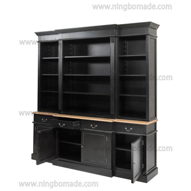 Antique Nordic Classic Furniture Natural and Black Solid Wood Four Doors Four Drawers Upper and Lower Bookcase