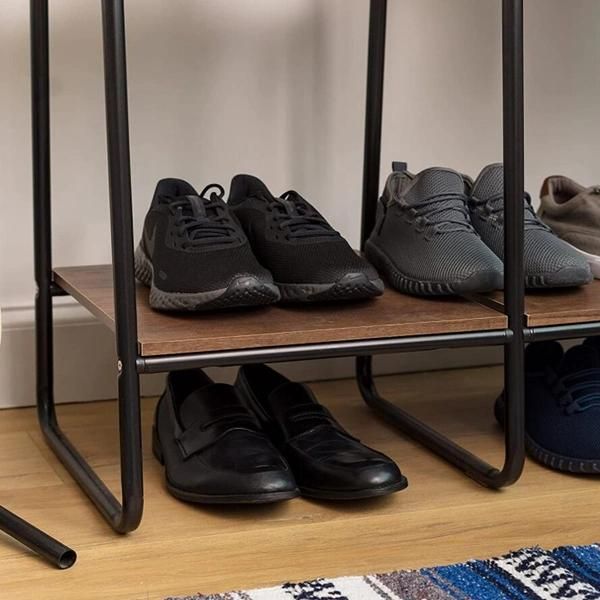 Metal Standing Garment Clothing Rack with Bottom Wooden Shelf