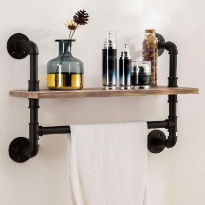 Industrial Wood Pipe Shelving, Rustic Wall Shelf with Towel Bar, 24&quot; Towel Racks for Bathroom, Pipe Shelf Bracket