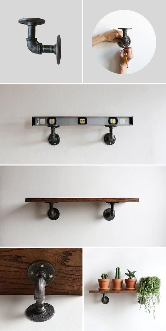 Industrial Black Iron Wall Mounted Pipe Shelf Brackets with Black Floor Flange