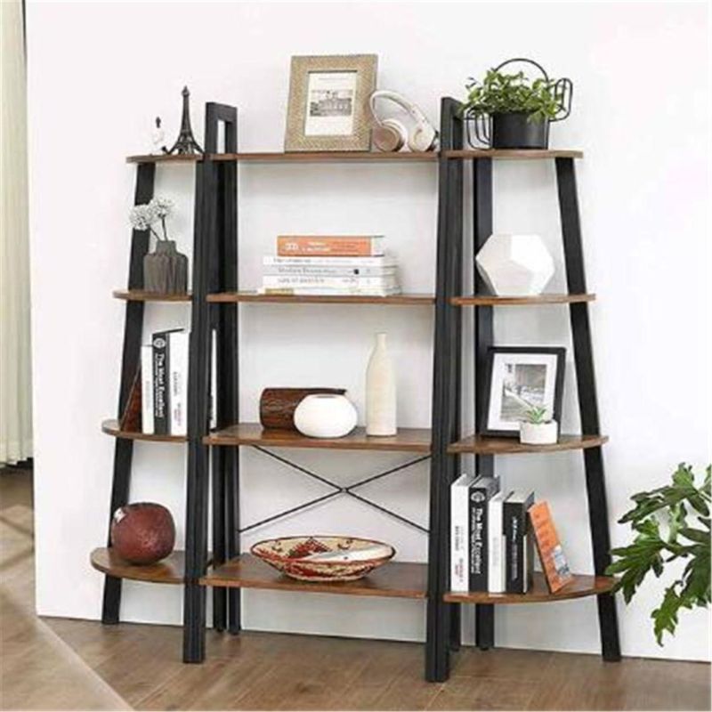 4 Tier Wooden Ladder Bookshelf Metal Frame Industrial Bookshelf Display Rack