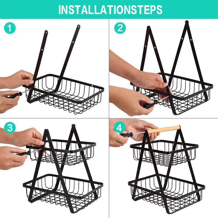 Folded Double Portable Iron Kitchen Vegetable Rack Storage Basket Rack Storage Rack Fruit Basket