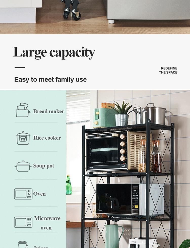 5-Tier Mobile Iron Foldable Kitchen Standing Shelving Unit Shelves Metal Storage Folding Pantry Rack with Wheels