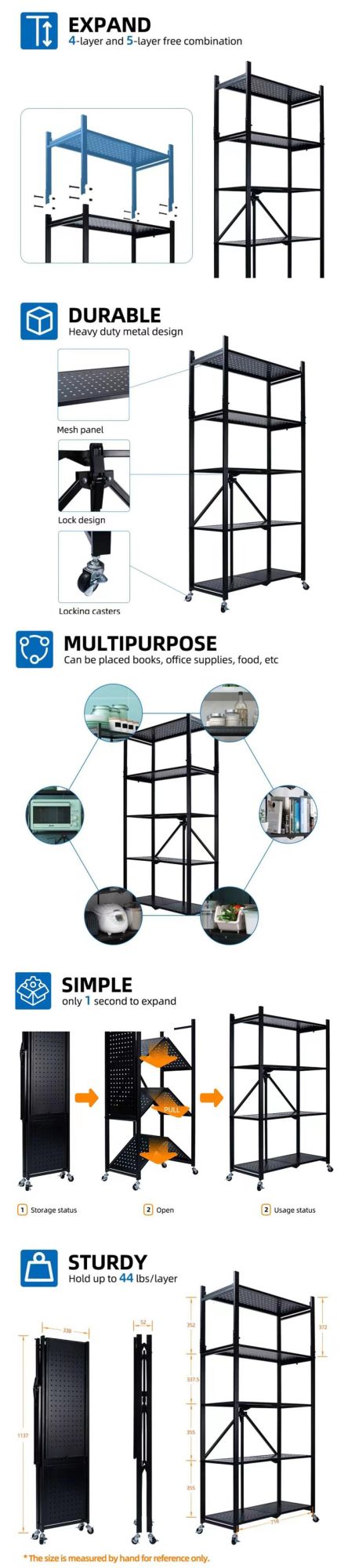 Multi-Purpose Foldable 5-Tier Heavy Duty Storage Shelves, Mobile Folding Shelf Rack Organizer Cart with Rolling Wheel