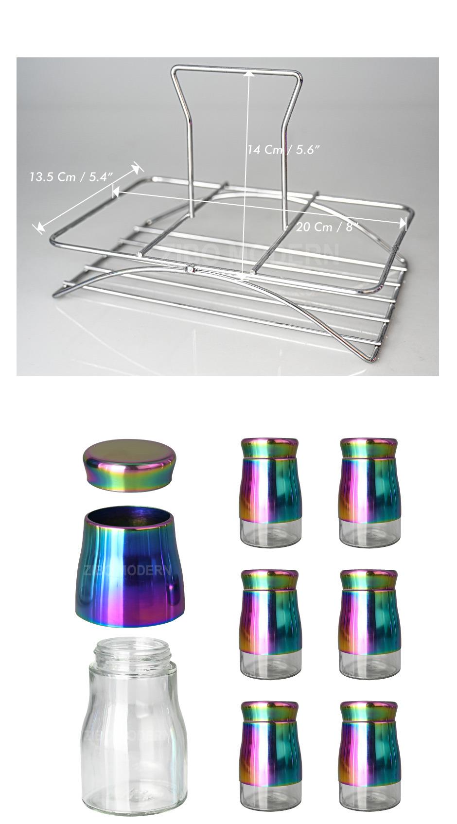 Rainbow Color Glass and Stainless-Steel Spice Storage / Jar Rack Countertop Herb Organization for Home & Kitchen Set of 6