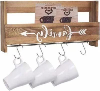 Coffee Mug Holder Wall Mounted 6 Hooks Cup Holder Rustic Mug Rack with Shelf Wood Cup Organizer