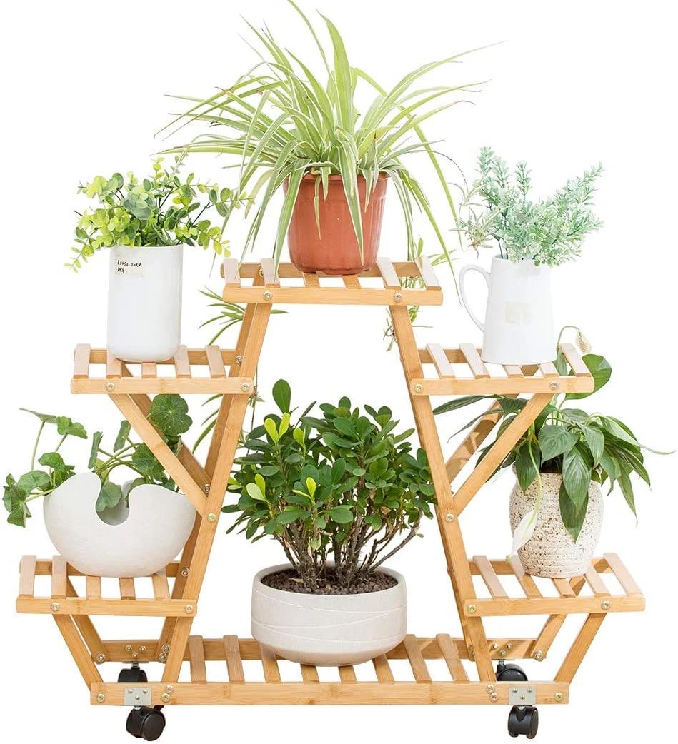 Bamboo Rolling 6 Tier Plant Stand Rack Multiple Flower Pot Holder Shelf Indoor Outdoor Planter Display Shelving Unit for Patio Garden Corner Balcony Living Room