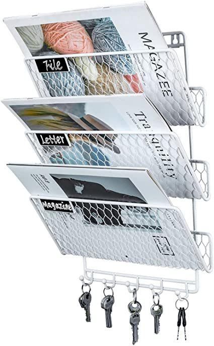 Hanging Wall File Holder Mail Organizer Metal Chicken Wire Document Rack with 5 Hooks, 5-Tier, White