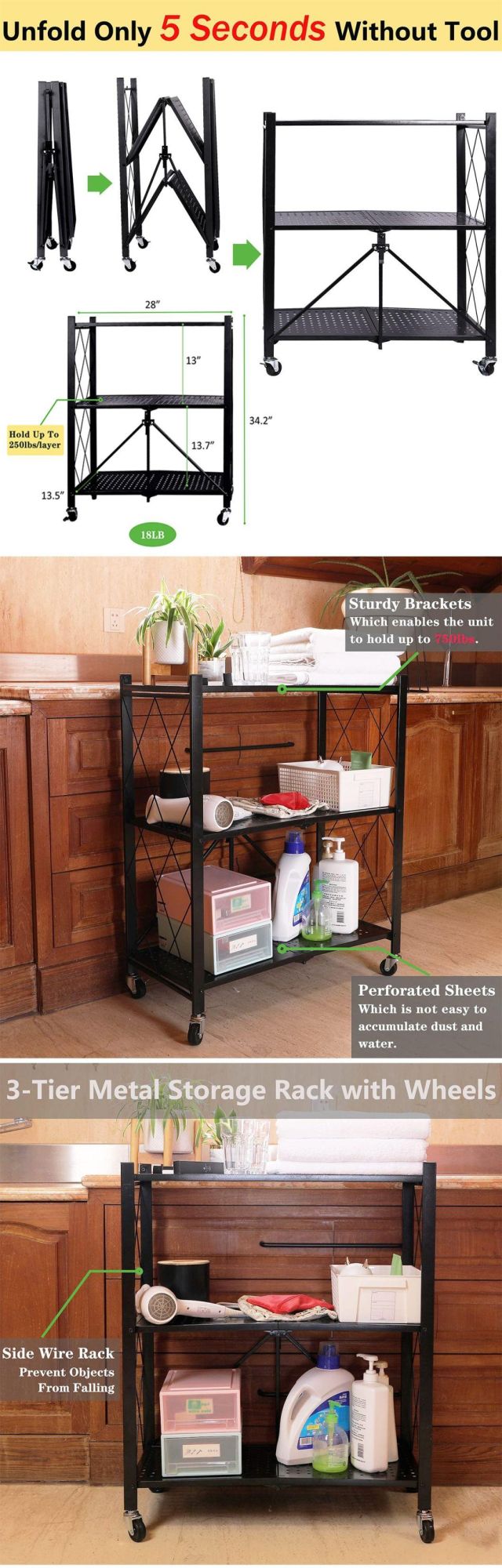 3 Tier Storage Shelves for Kitchen Foldable Storage Shelf Rack, No Assembly Storage Shelving on Wheels for Kitchen Rolling Cart