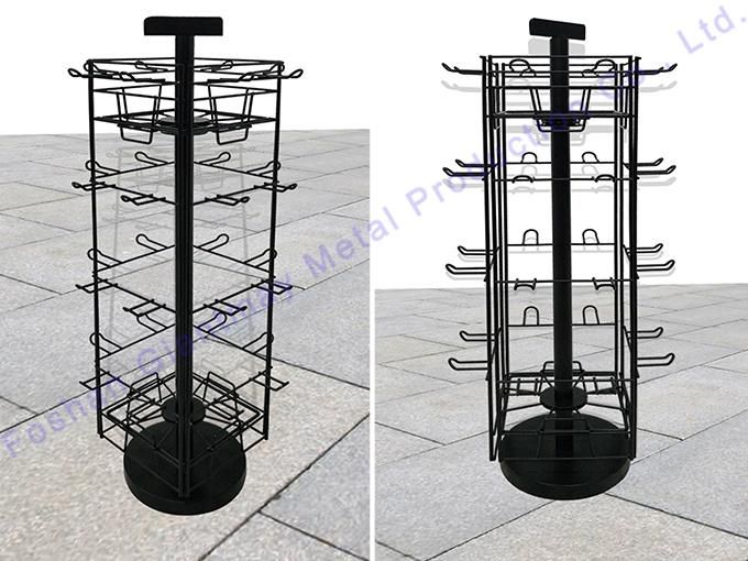 Tabletop Metal Rotating 4 Sided Wire Shelving Hanging Display Exhibition Rack with Hooks