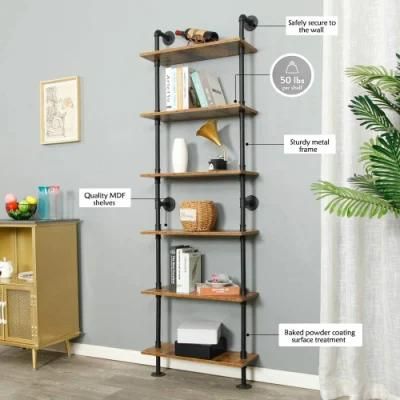 6-Tier DIY Loft Vintage Wood Wrought Iron Ladder Bookcase Pipe Shelf for Storage Display
