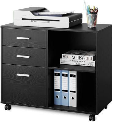 3-Drawer Mobile Lateral Filing Cabinet, Printer Stand with Open Storage Shelves for Home Office, Black