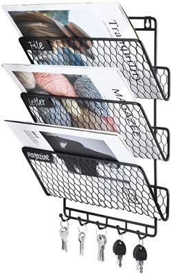 19.99hanging Wall File Holder Organizer Metal Chicken Wire Wall Mount Document Rack Mail Letter Sorter with 5 Hooks, 3-Tier, Black
