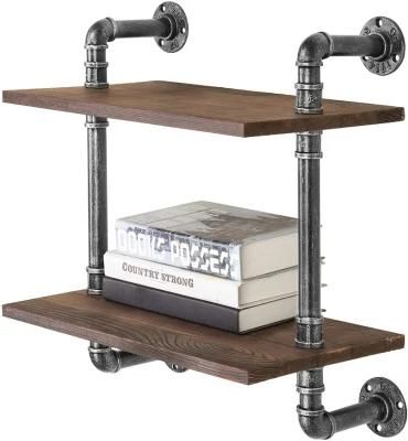 17inch Black Metal Pipe Rustic Brown Wood 2-Tier Wall Mounted Steampunk Shelving