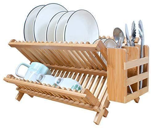 Bamboo Dish Drying Rack with Utensil Flatware Holder, 2-Tier Folding and Compact Drainer Kitchen (1 Utensil Holder) 18 Slots