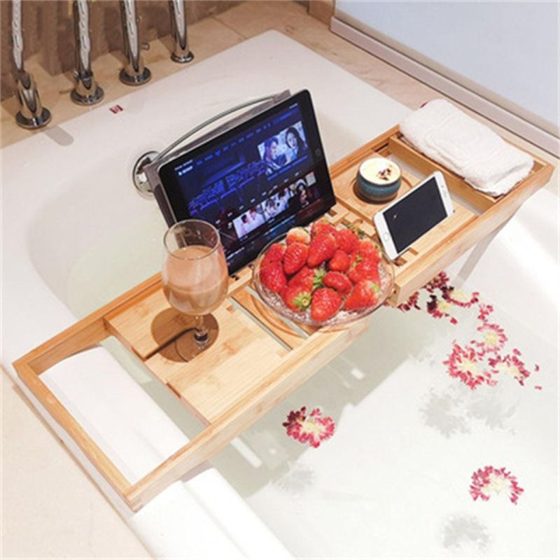 Adjustable Bamboo Wooden Bath Tub Bathroom Tray Shelf Bathtub Bridge Caddy Rack