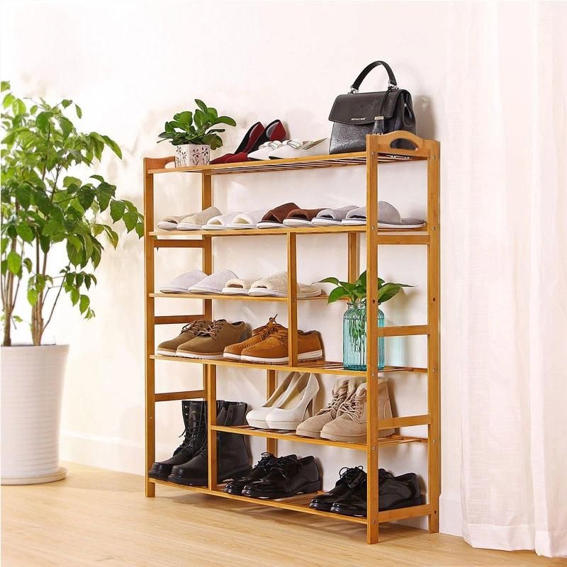 High Quality 100 % Natural Bamboo Easy Assembly Six-Tier Living Room Wooden Shoe Rack with Two Storage Shelf