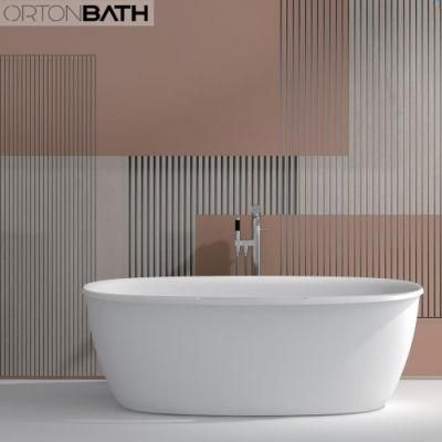ORTONBATH New Design Large Adult Bathroom Tub Solid Surface Bathtub Soaking Free Standing Freestanding Bathtub with Towel Rack Shelf