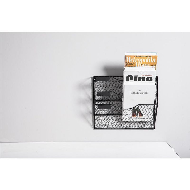 Pag 3 Pockets Hanging File Holder Wall Mount Mail Organizer Metal Chicken Wire Magazine Rack with Tag Slot, Black