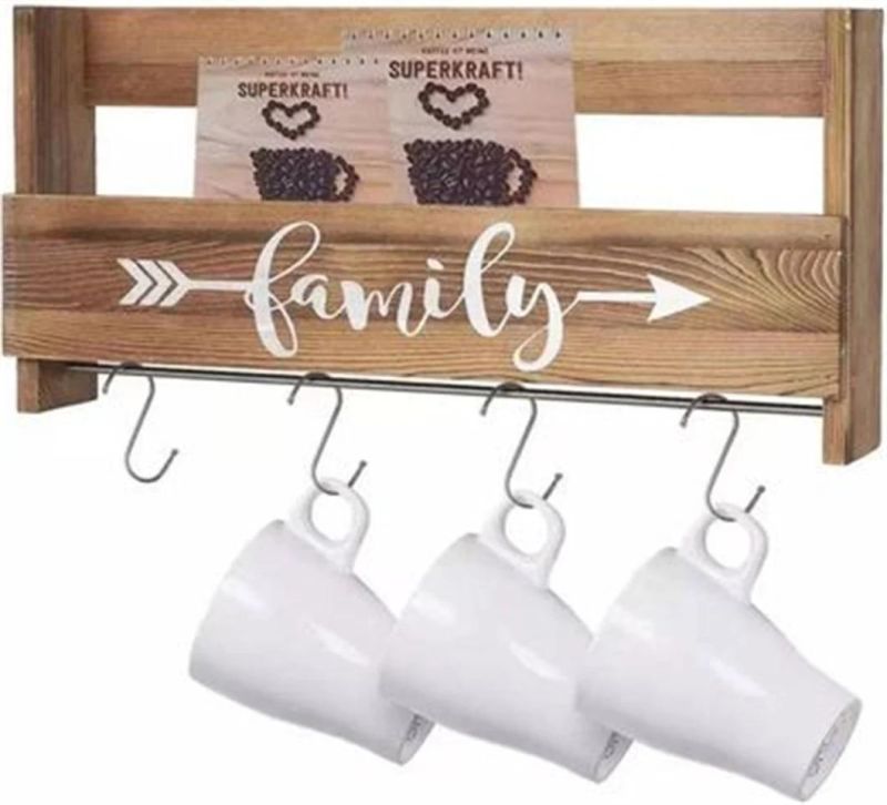 Coffee Mug Holder Wall Mounted 6 Hooks Cup Holder Rustic Mug Rack with Shelf Wood Cup Organizer