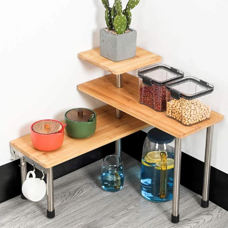3 Tier Corner Shelf Kitchen Spice Rack with Hooks, Adjustable Bamboo Space Saving Cabinet Organizer Display Shelves, Freestanding Countertop Storage Rack