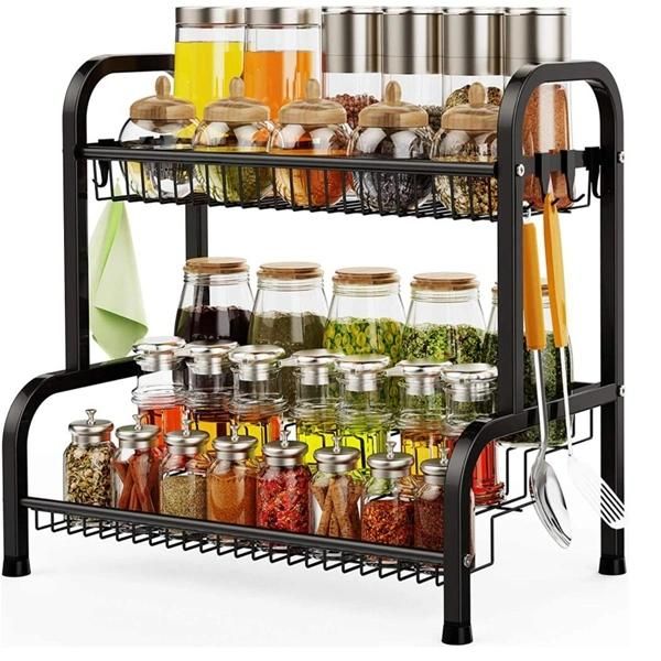 Kitchen Storage Holder Metal Spice Rack with Hooks 3 Tier