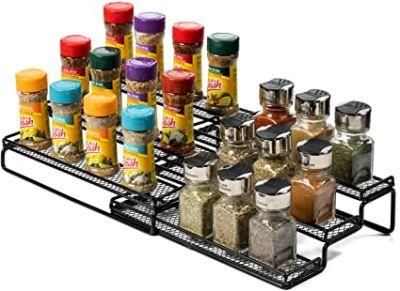 Gongshi 3 Tier Expandable Spice Rack Organizer for Cabinet Pantry or Countertop (12.5 to 25&quot;W) Kitchen Step Shelf with Protection Railing (Black)