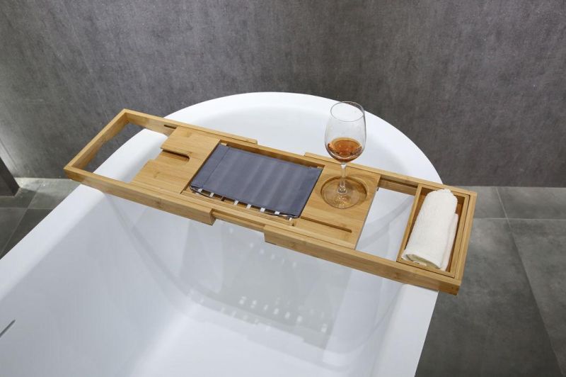 Bathroom Bath Accessories Suction Cup Shower Caddy, Timber Bathtub Caddy with Wine Glass Holder