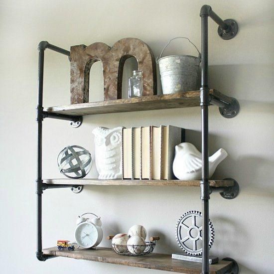 36" 3 Tiers Retro Wall Mounted Pipe Shelf Bookshelf Rustic Modern Wood Ladder Storage Shelf