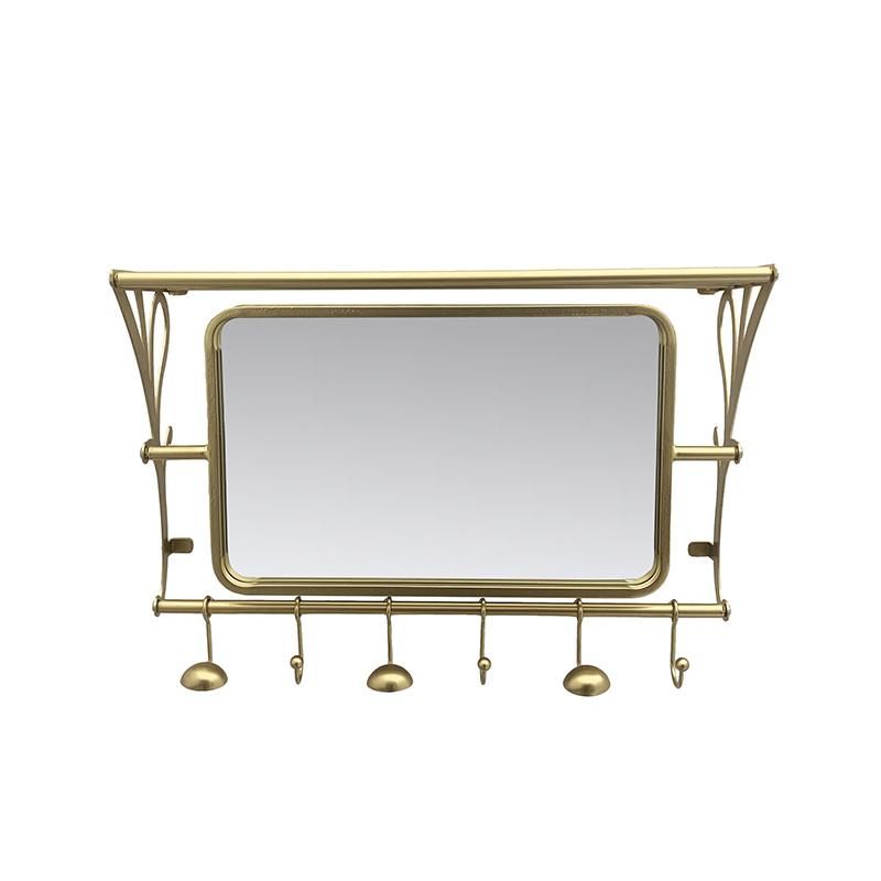 Large Rectangle Golden Metal Framed Wall Mirror with Shelf and Towel Rack for Bathroom Decor