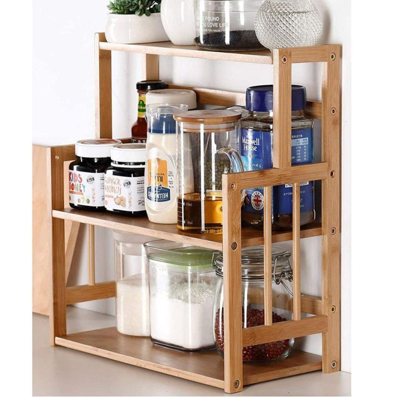 3-Tier Expandable Adjustable Kitchen Spice Rack Organizer Wooden Bamboo Spice Rack