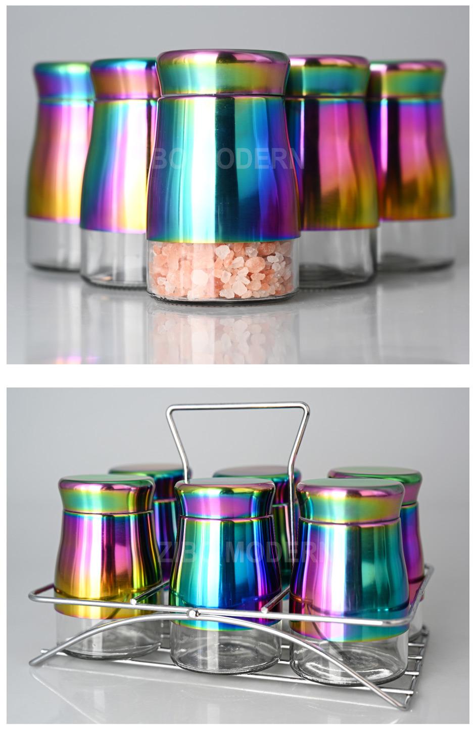 Rainbow Color Glass and Stainless-Steel Spice Storage / Jar Rack Countertop Herb Organization for Home & Kitchen Set of 6