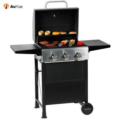 3 Burner BBQ Propane Gas Grill, Stainless Steel 30, 000 BTU Patio Garden Barbecue Grill with Two Foldable Shelves