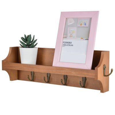 Wall Mounted Morden Wooden Floating Storage Shelf with Hooks for Homeware