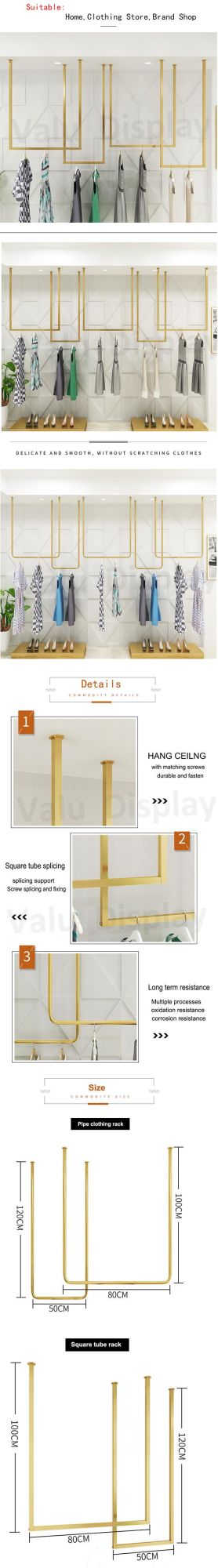 Golden Women′s Wear Store Display Rack Hang The Clothes Shelves Ceiling Suspension