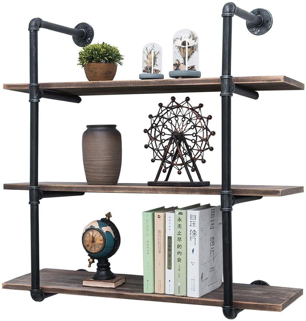 36" 3 Tiers Retro Wall Mounted Pipe Shelf Bookshelf Rustic Modern Wood Ladder Storage Shelf