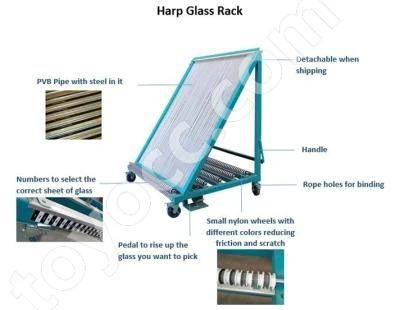 Glass Rack &amp; Shelf Transportation and Storage Installation Glass Trolley Display Customised Exhibition Stand Architetural Metal Harp Rack