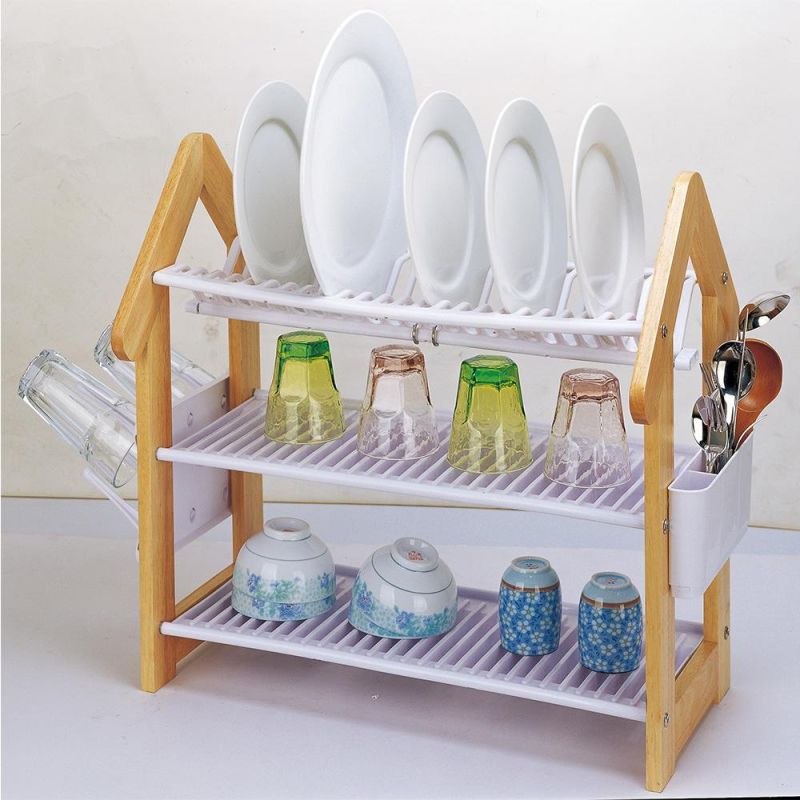 Wooden Kitchen Bowl Plate Organizer Stainless Dish Drying Rack with Draier Board