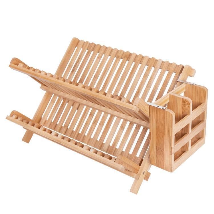 2 Tier Bamboo Plate Storage Rack Folding Dish Drying Racks for Kitchen Display Organizer