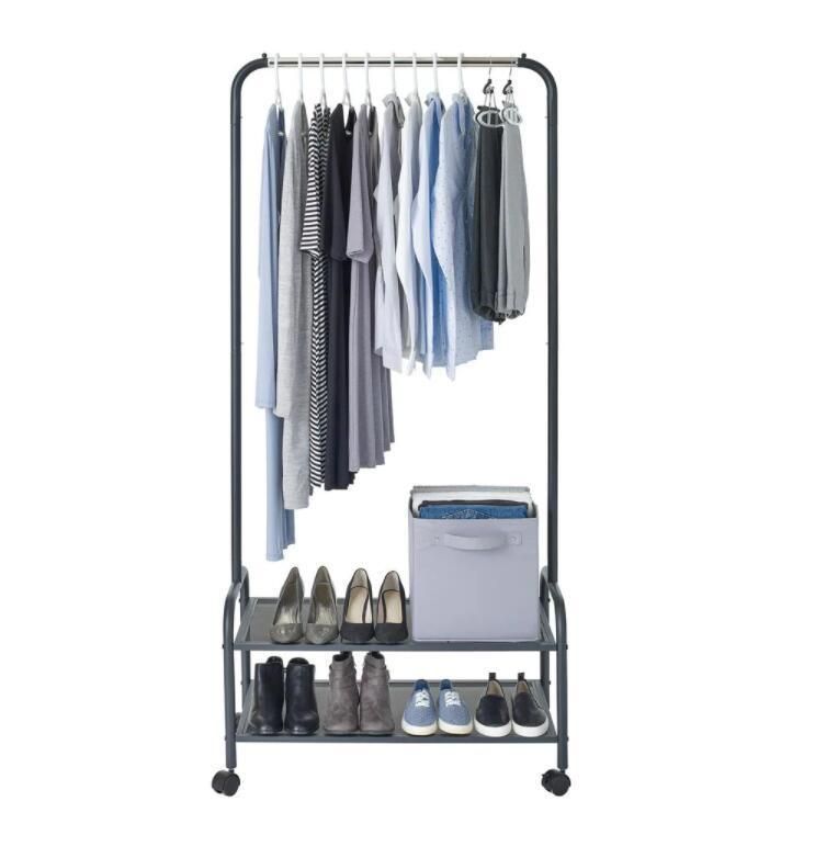 Clothes Stand Steel Coat Rack with Double Mesh Shelves