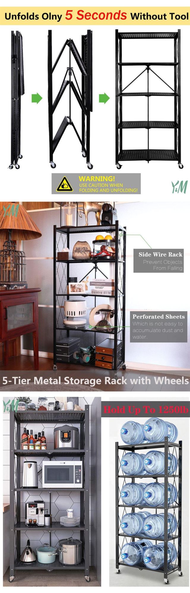 5 Tier Storage Shelves for Kitchen Foldable Storage Shelf Rack, No Assembly Storage Shelving on Wheels