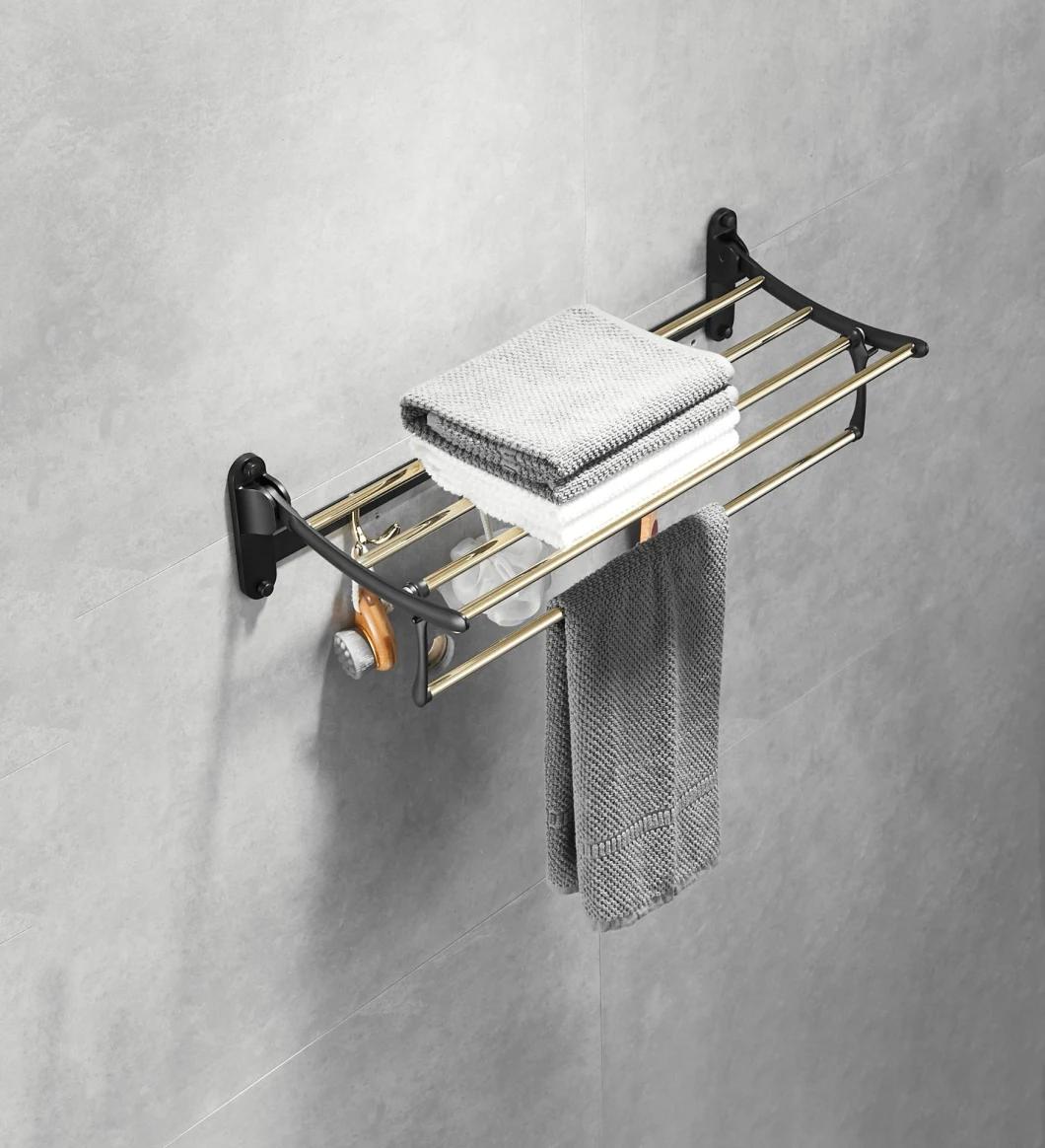 Nail Free Foldable Brass Bath Towel Rack Active Bathroom Towel Holder Shelf with Hooks Bathroom Accessories