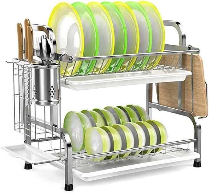 Dish Drying Rack, Ispecle 304 Stainless Steel 2-Tier Dish Rack with Utensil Holder, Cutting Board Holder and Dish Drainer for Kitchen Counter